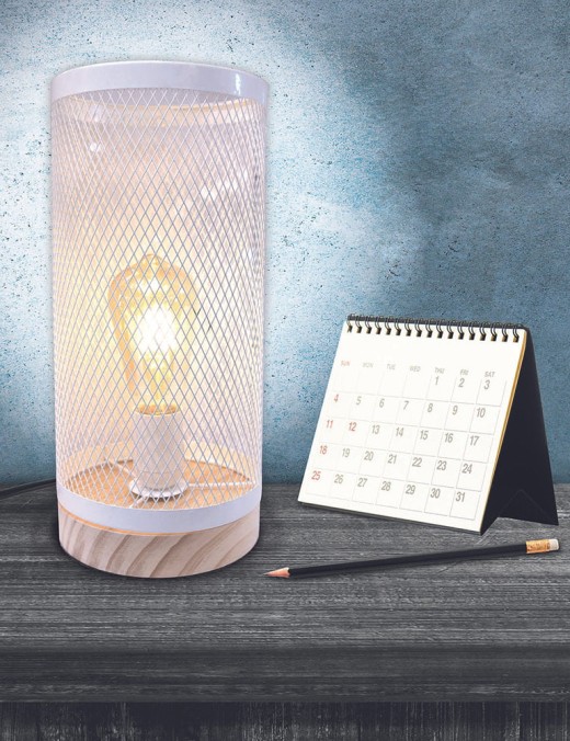 lampe à poser cylindre grille métal bois