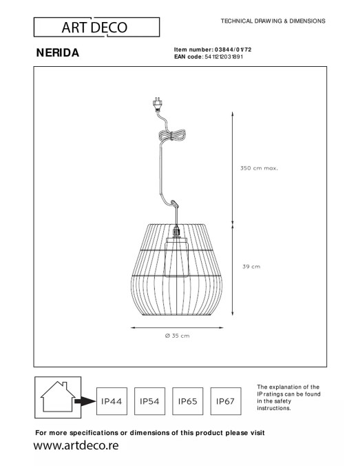 Suspension Lucide Nerida 1xE27 35cm IP44,naturel