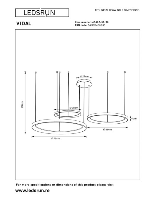Suspension Lucide dimmable Vidal 120w (2700k) 78cm,noir